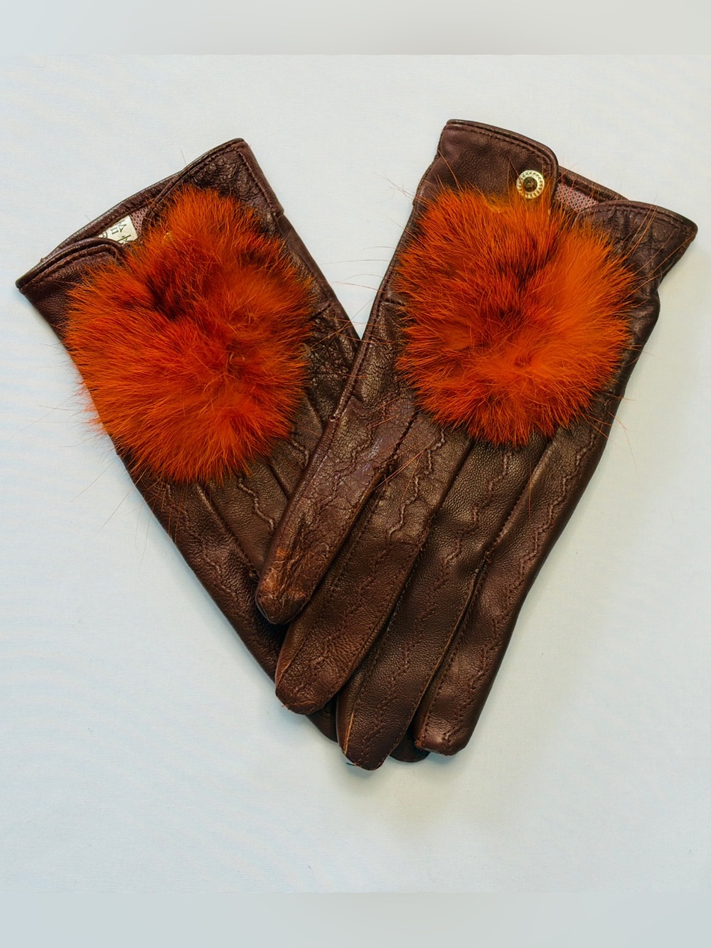 Vintage Brown Leather Gloves Cashmere Blend Knit Lining Real Fur Pom Poms Small